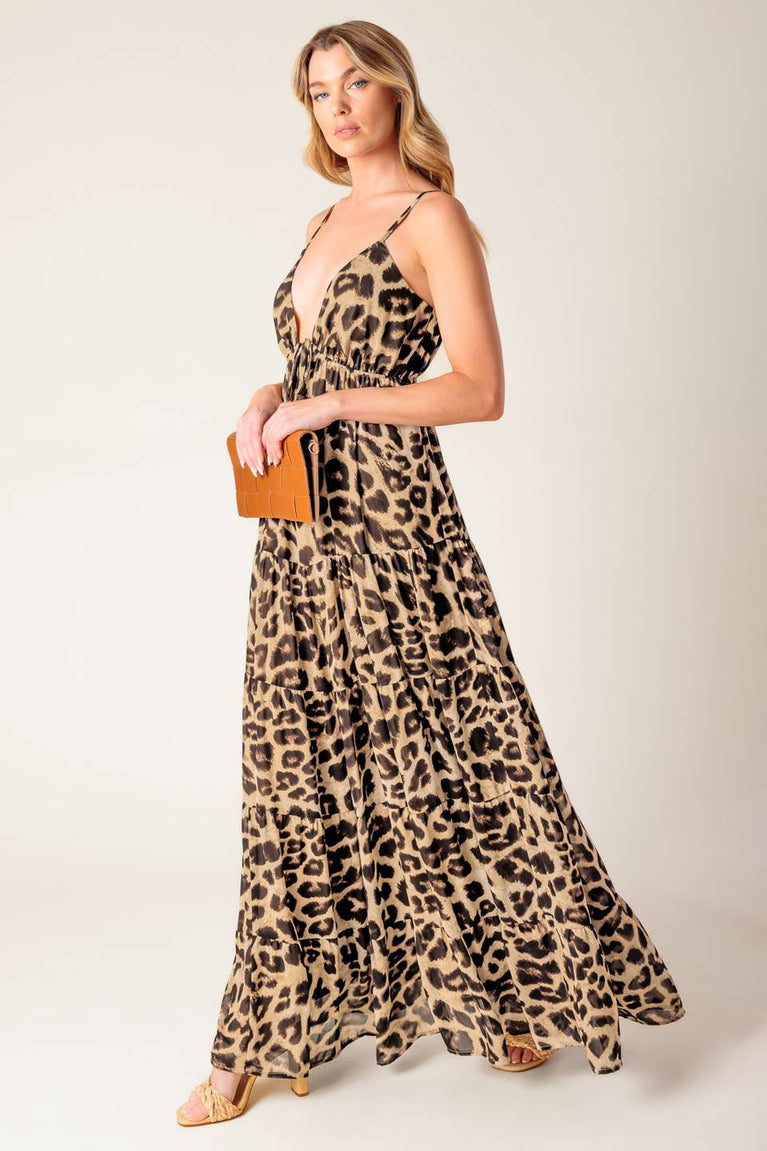 Leopard Deep V-Neck Floor Length Tiered Leopard Print Maxi Dress Flying Tomato ID21952
