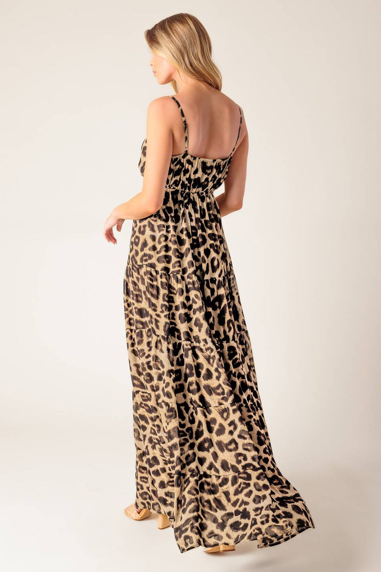 Leopard Deep V-Neck Floor Length Tiered Leopard Print Maxi Dress Flying Tomato ID21952