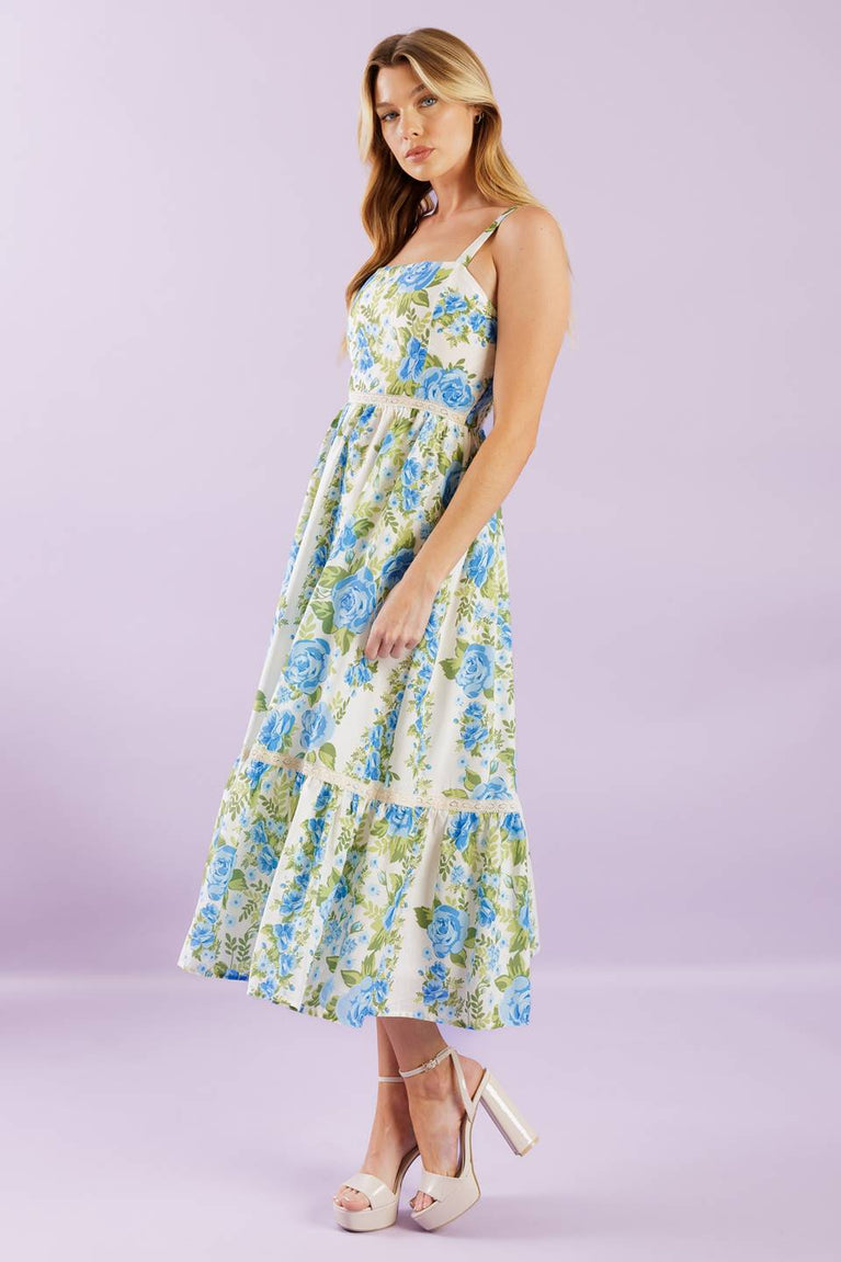 Ivory Square Neck Midi Floral Print Cocktail Tiered Dress Flying Tomato ID22040