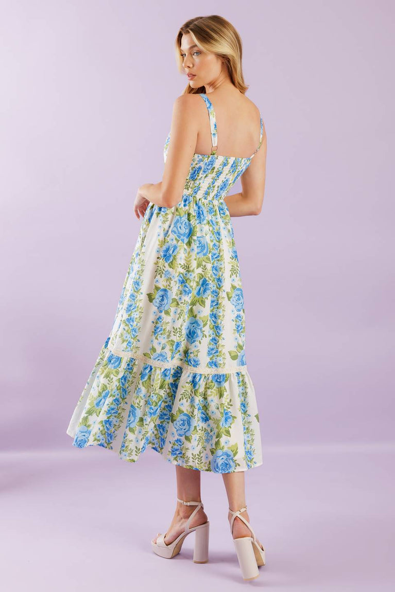 Ivory Square Neck Midi Floral Print Cocktail Tiered Dress Flying Tomato ID22040