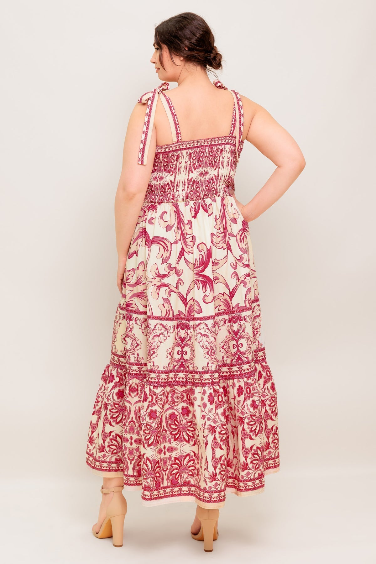 Pink Combo Sweetheart Midi Cotton Casual Cocktail Summer Tie-Strap Tiered Dress Flying Tomato ID22052