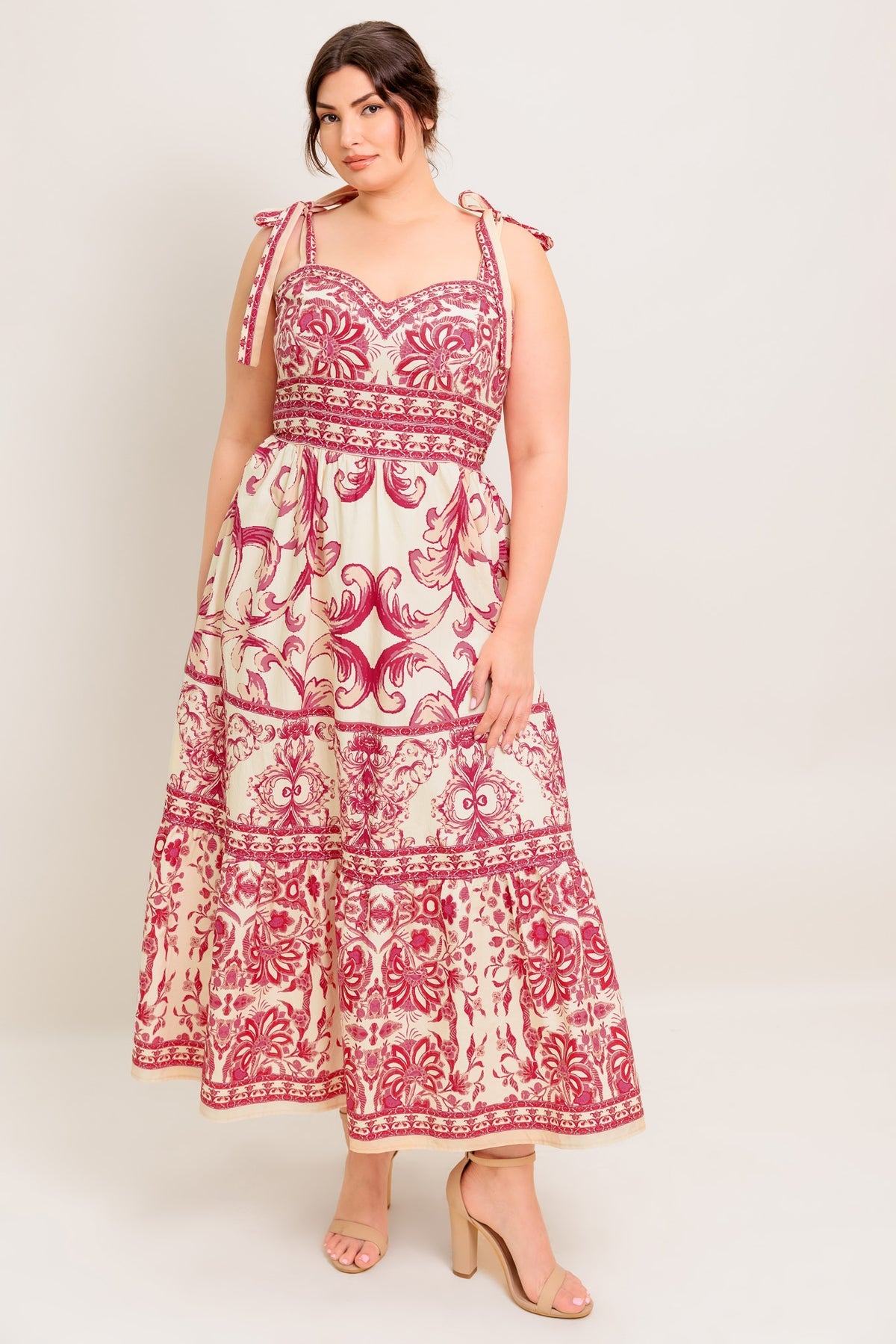 Pink Combo Sweetheart Midi Cotton Casual Cocktail Summer Tie-Strap Tiered Dress Flying Tomato ID22052