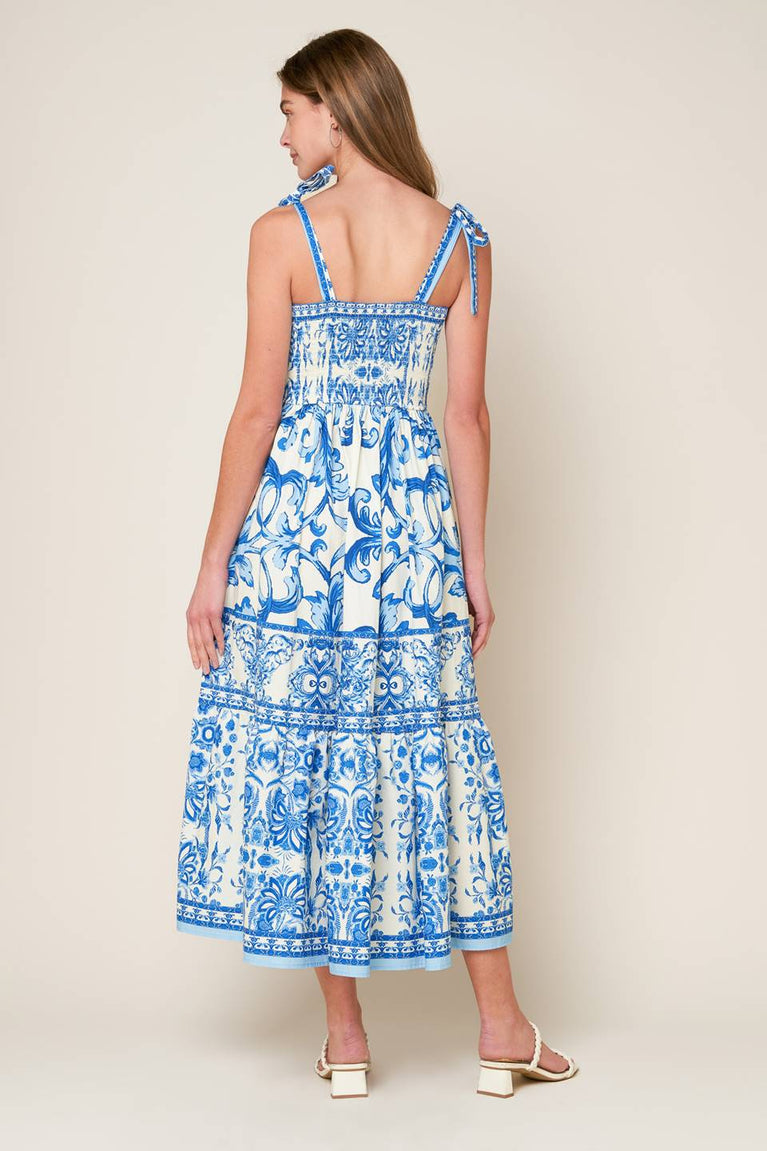 Blue/Combo Sweetheart Midi Cotton Casual Cocktail Summer Tie-Strap Tiered Dress Flying Tomato ID22052