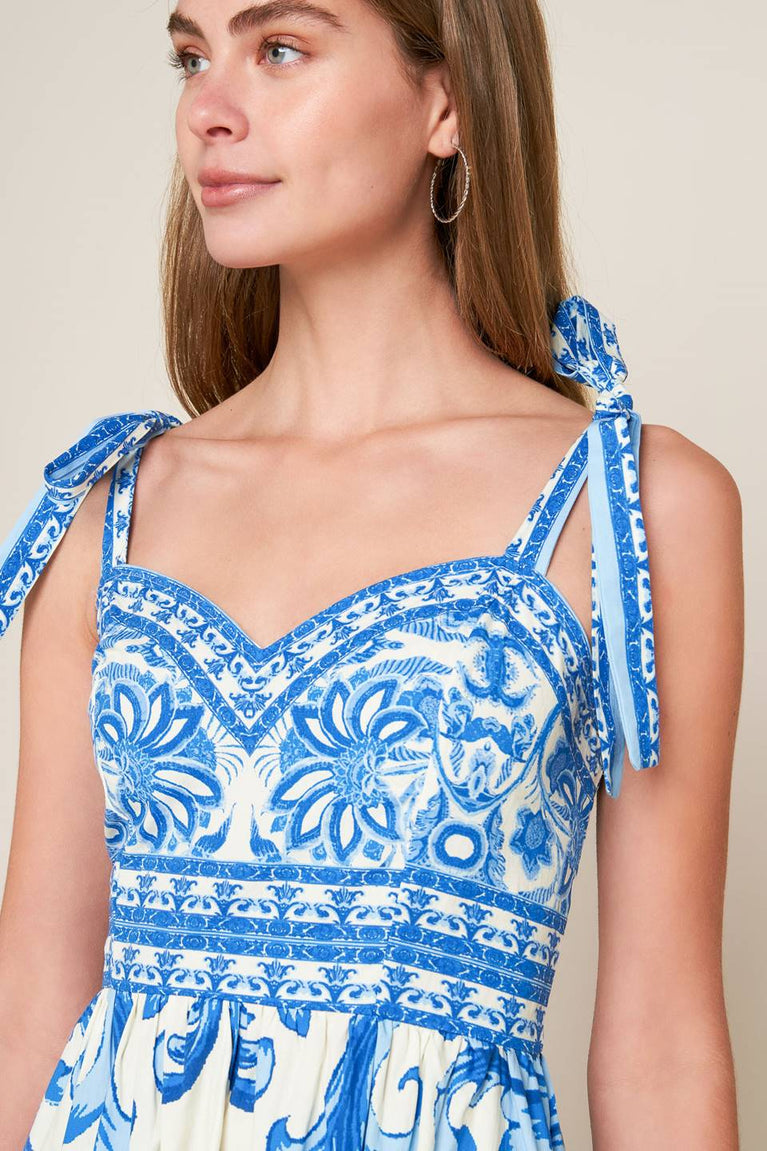 Blue/Combo Sweetheart Midi Cotton Casual Cocktail Summer Tie-Strap Tiered Dress Flying Tomato ID22052