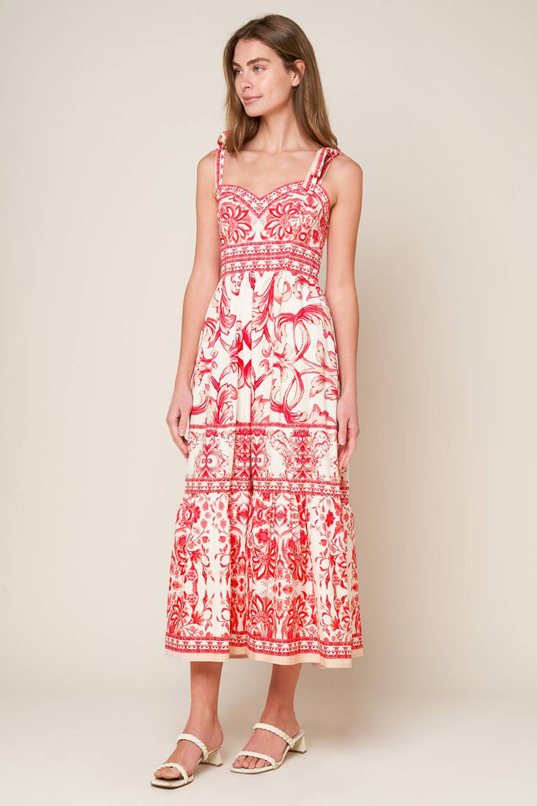 Pink Combo Sweetheart Midi Cotton Casual Cocktail Summer Tie-Strap Tiered Dress Flying Tomato ID22052