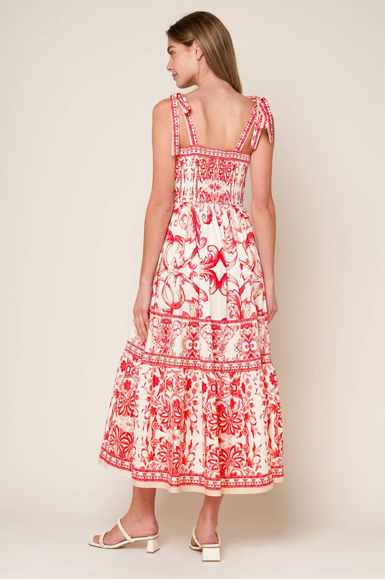 Pink Combo Sweetheart Midi Cotton Casual Cocktail Summer Tie-Strap Tiered Dress Flying Tomato ID22052