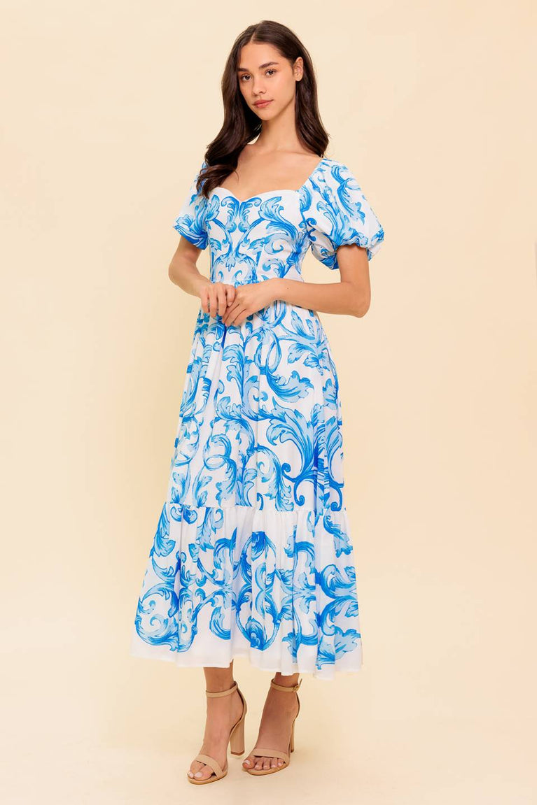 White/Blue Sweetheart Midi Cotton Cocktail Floral Print Dress with Puff Sleeves Flying Tomato ID22059