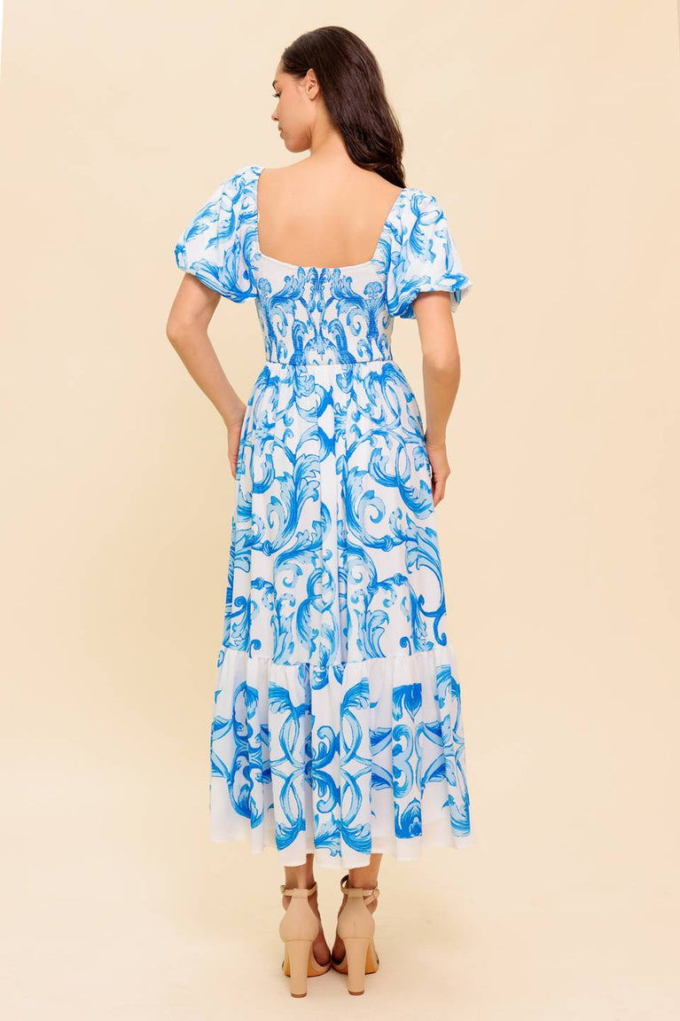 White/Blue Sweetheart Midi Cotton Cocktail Floral Print Dress with Puff Sleeves Flying Tomato ID22059