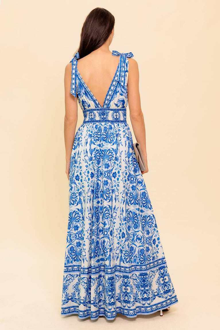 Ivory Blue Deep V-Neck Tie-Shoulder Floral Maxi Garden Party Dress Flying Tomato ID22288