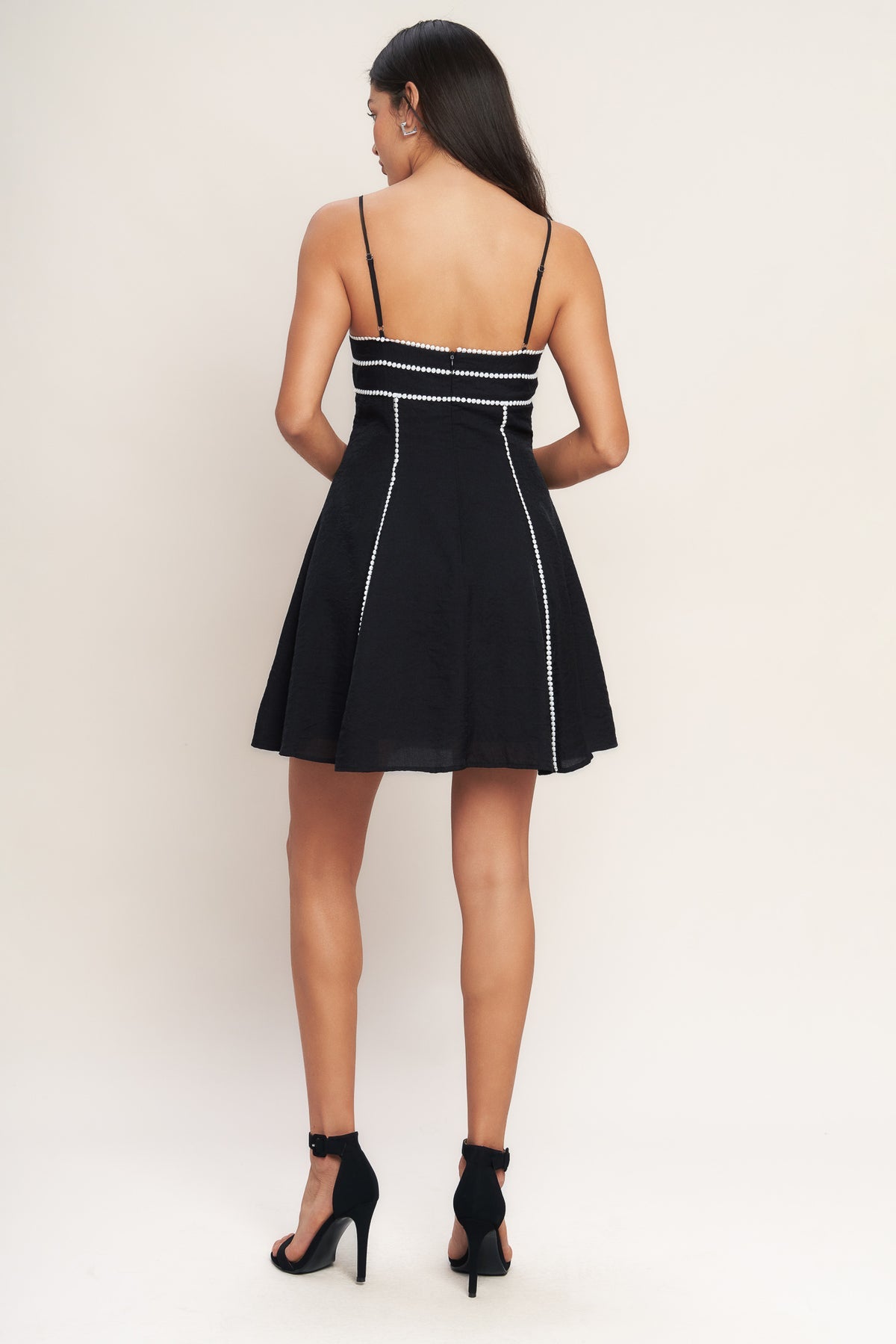 Black Sweetheart Short Cotton Poplin Cocktail Dress with Pearl Trim Flying Tomato ID22356