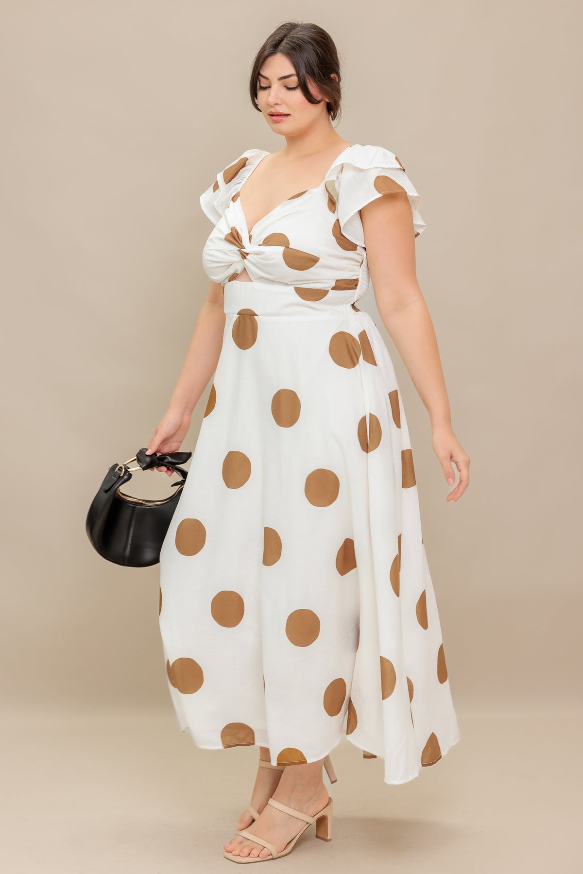 Ivory/Camel Sweetheart Tea-Length Chiffon Cocktail Ruffle Sleeve Cutout Dress Flying Tomato ID22364