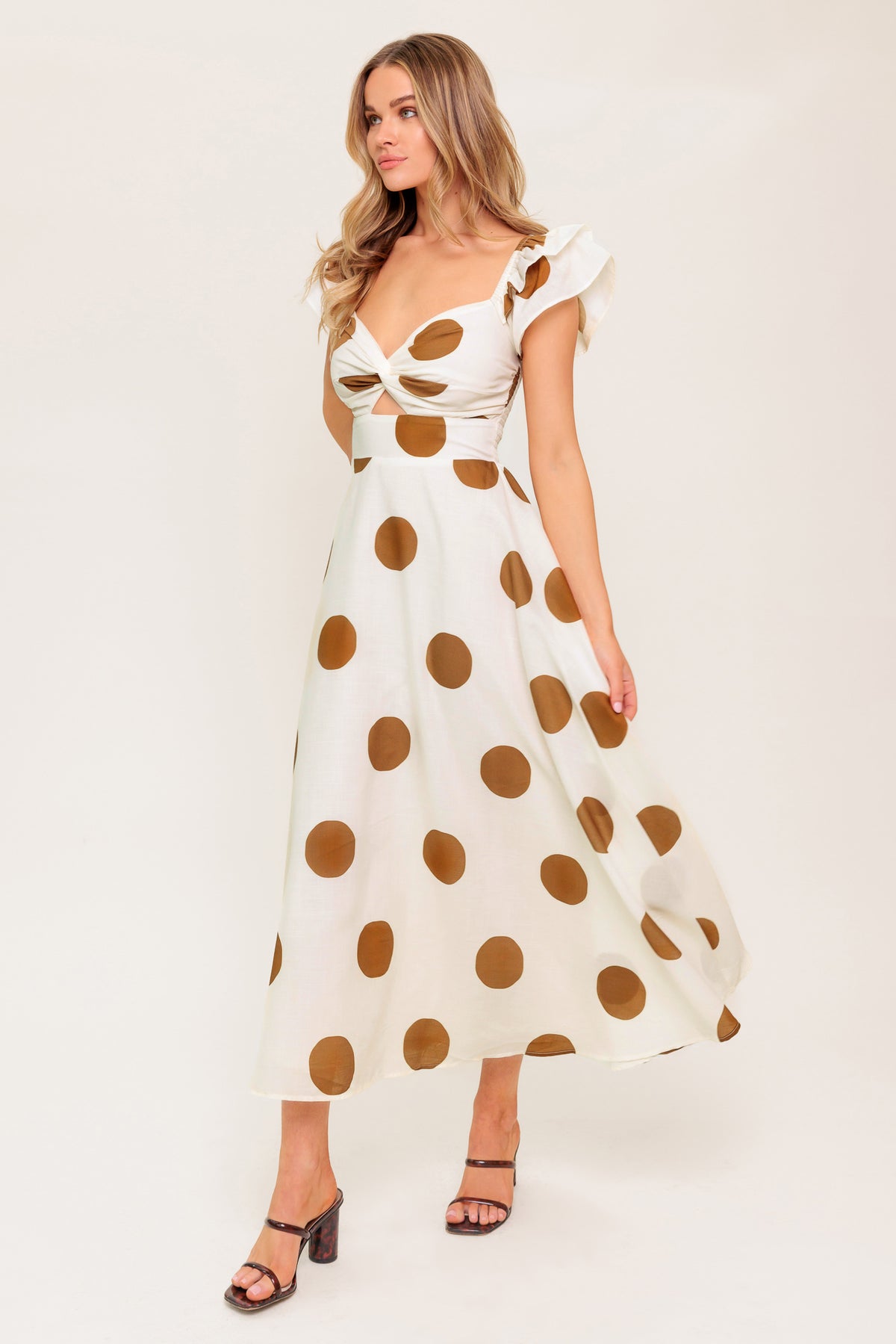 Ivory/Camel Sweetheart Tea-Length Chiffon Cocktail Ruffle Sleeve Cutout Dress Flying Tomato ID22364
