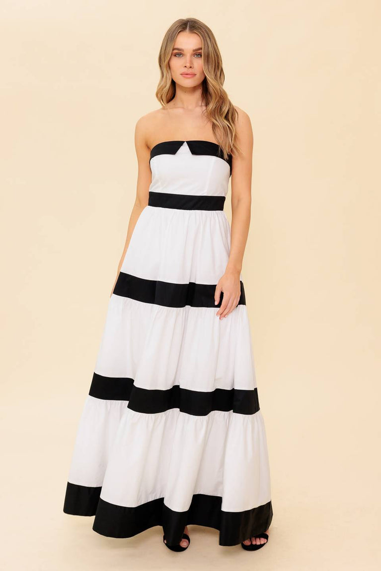 White/Black Strapless Maxi Cotton Formal Casual Summer Colorblock Tiered Dress Flying Tomato ID22423