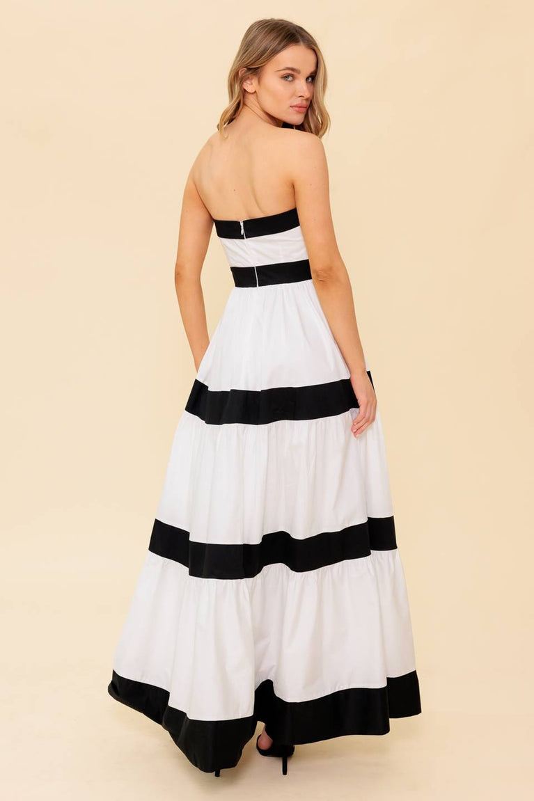 White/Black Strapless Maxi Cotton Formal Casual Summer Colorblock Tiered Dress Flying Tomato ID22423