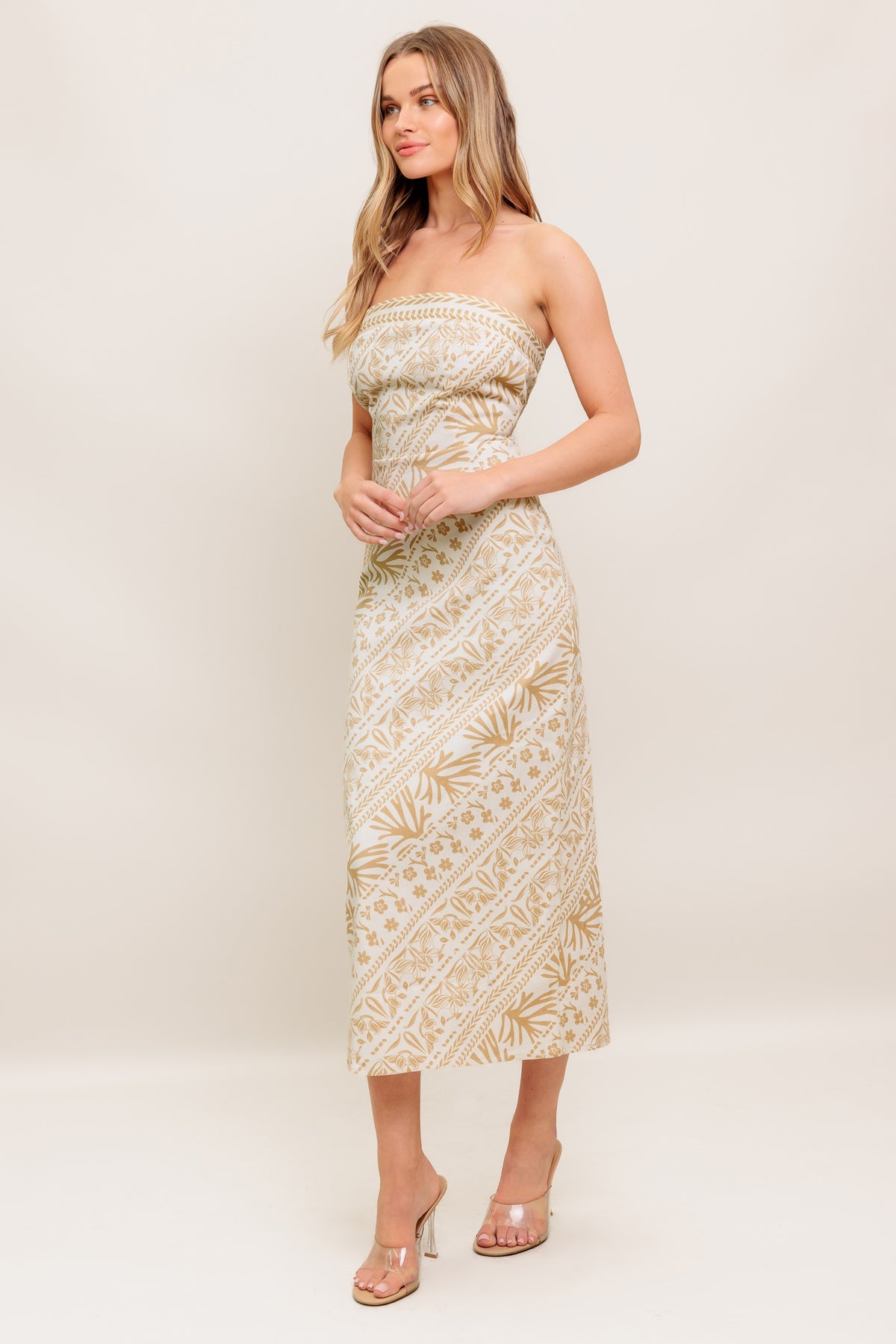 Cocktail Dresses Short Print Midi Fitted Cocktail Dress Flying Tomato ID22440 Ivory Taupe
