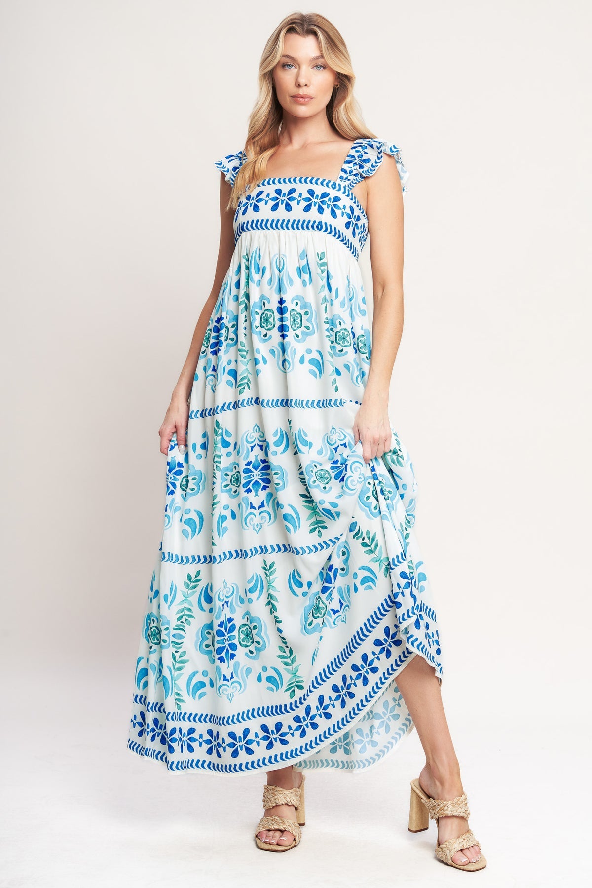 Blue White Square Neck Maxi Cotton Cocktail Floral Print Tiered Dress with Ruffle Sleeves Flying Tomato ID22449