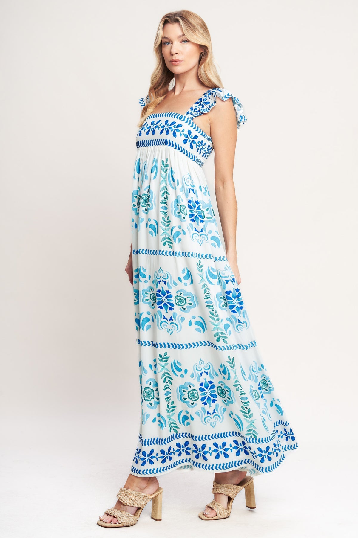 Blue White Square Neck Maxi Cotton Cocktail Floral Print Tiered Dress with Ruffle Sleeves Flying Tomato ID22449