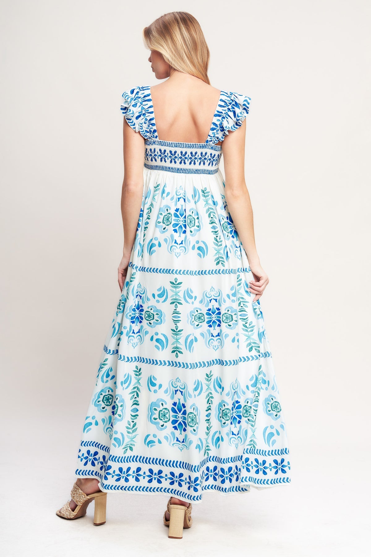 Blue White Square Neck Maxi Cotton Cocktail Floral Print Tiered Dress with Ruffle Sleeves Flying Tomato ID22449