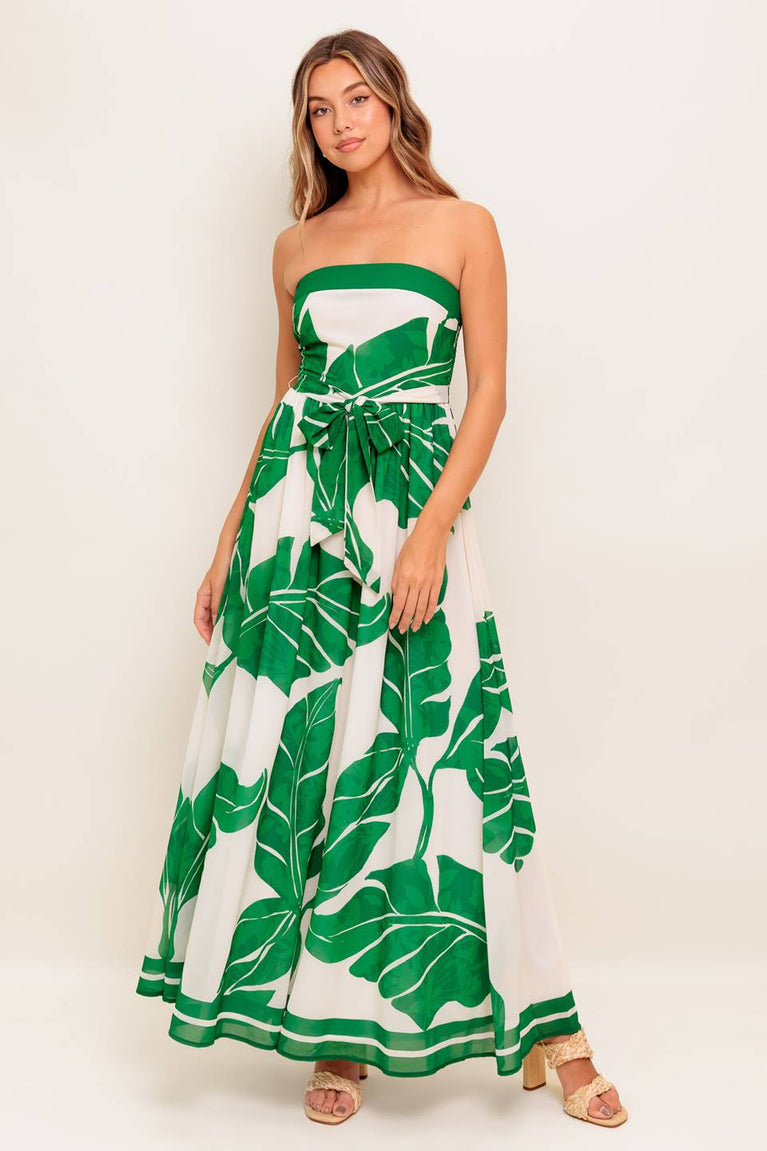 Ivory Green Strapless Tea-Length Tropical Leaf Print Cocktail Smocked Waist Dress Flying Tomato ID22476