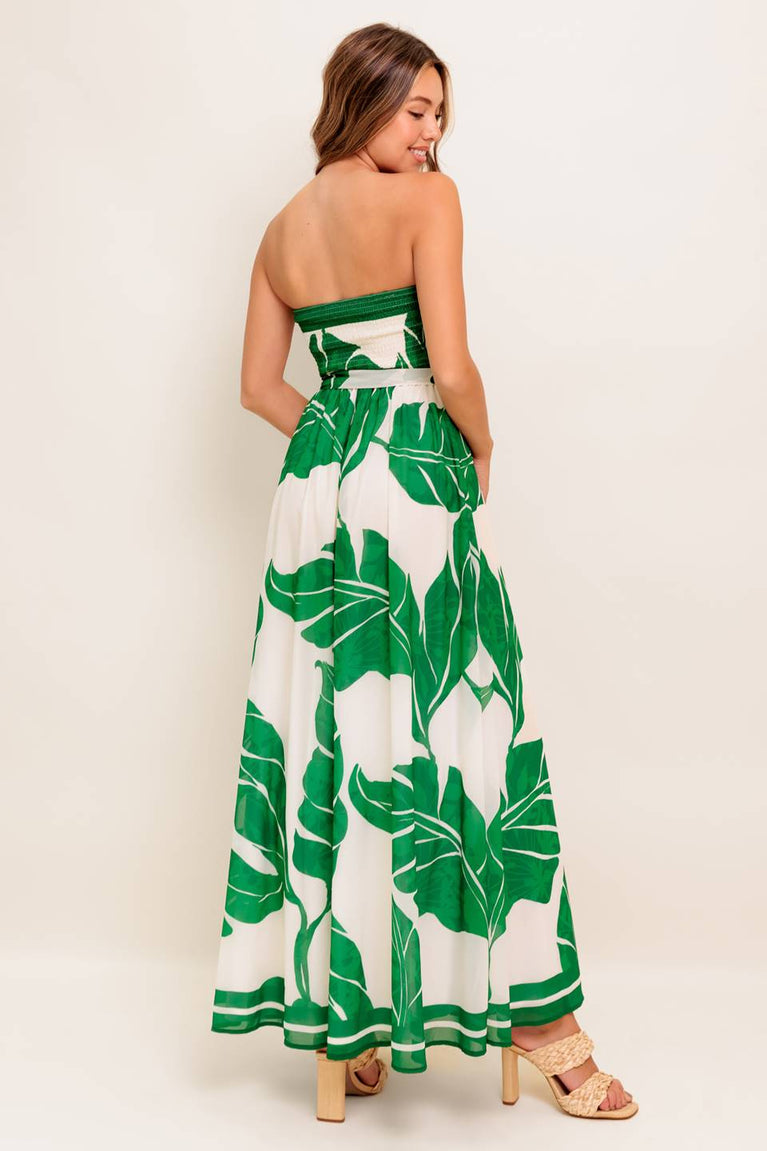Ivory Green Strapless Tea-Length Tropical Leaf Print Cocktail Smocked Waist Dress Flying Tomato ID22476