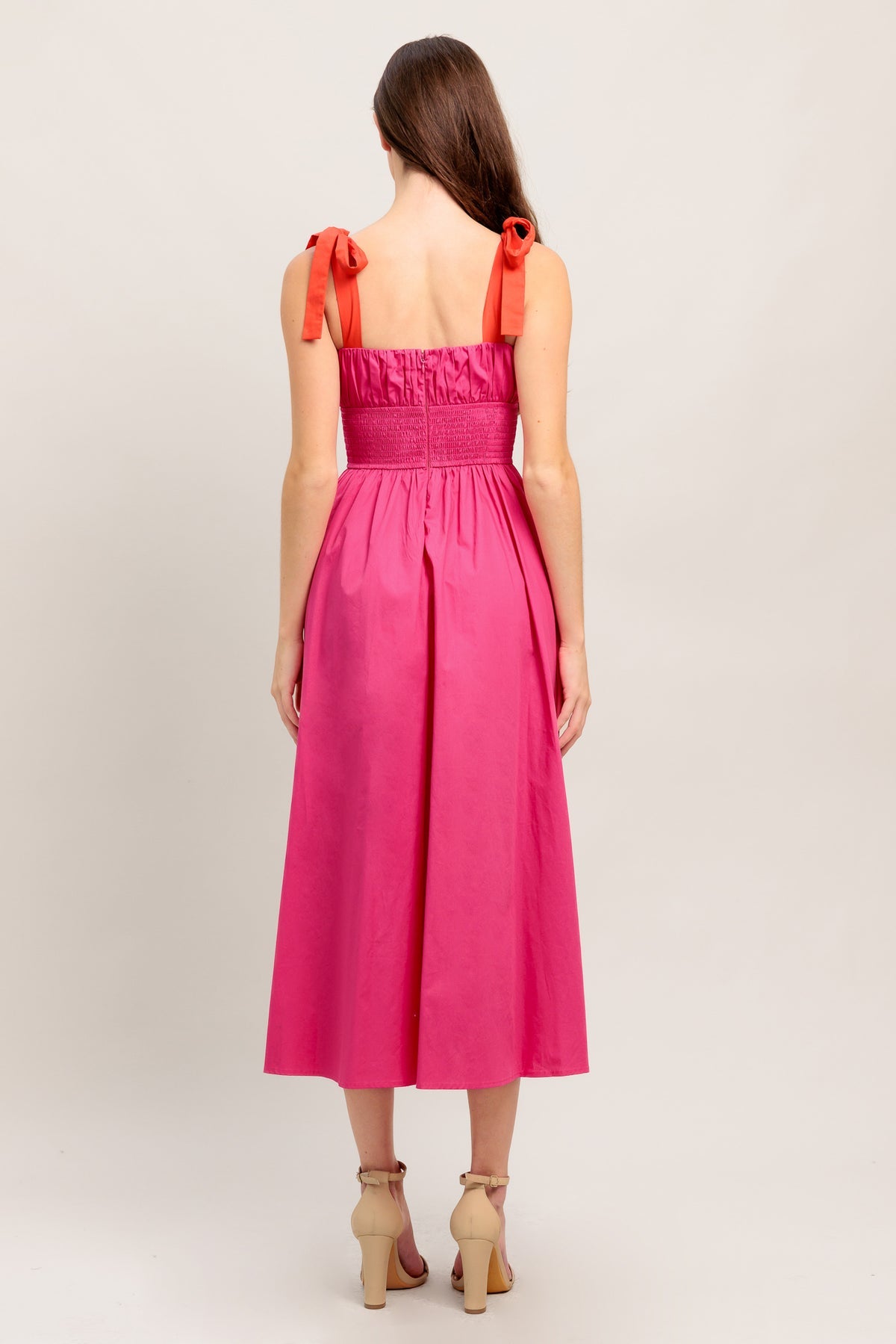 Fuchsia Square Neck Midi Cotton Poplin Party Dress with Tie Shoulder Cocktail Dress Flying Tomato ID22489