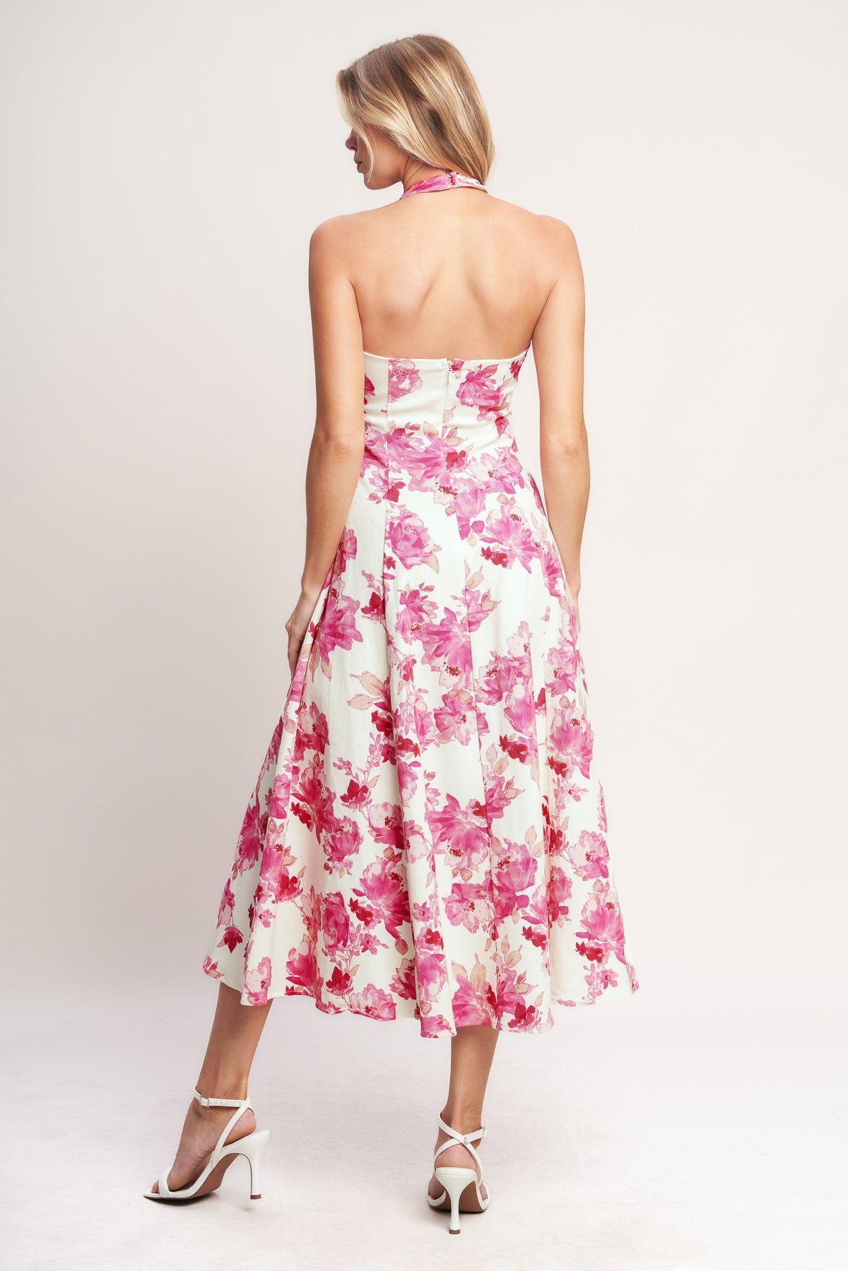 Ivory Fuchsia Halter-Neck Midi Floral Print Cocktail Summer A-Line Dress Flying Tomato ID22553