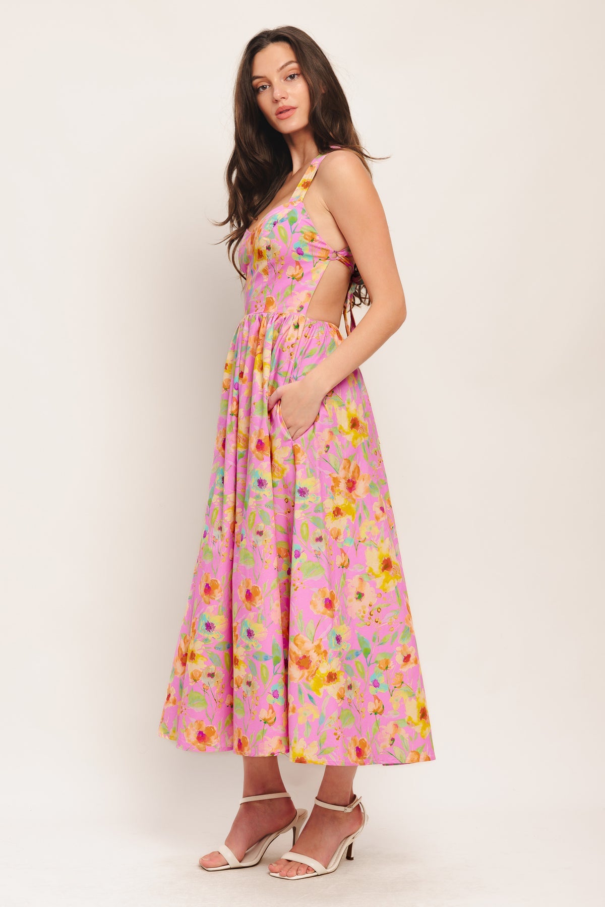Pink Sweetheart Neck Midi Floral Print Cotton Cocktail Casual Tie-Back Dress Flying Tomato ID22587