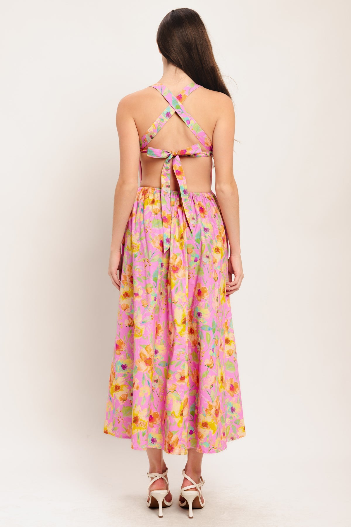 Pink Sweetheart Neck Midi Floral Print Cotton Cocktail Casual Tie-Back Dress Flying Tomato ID22587