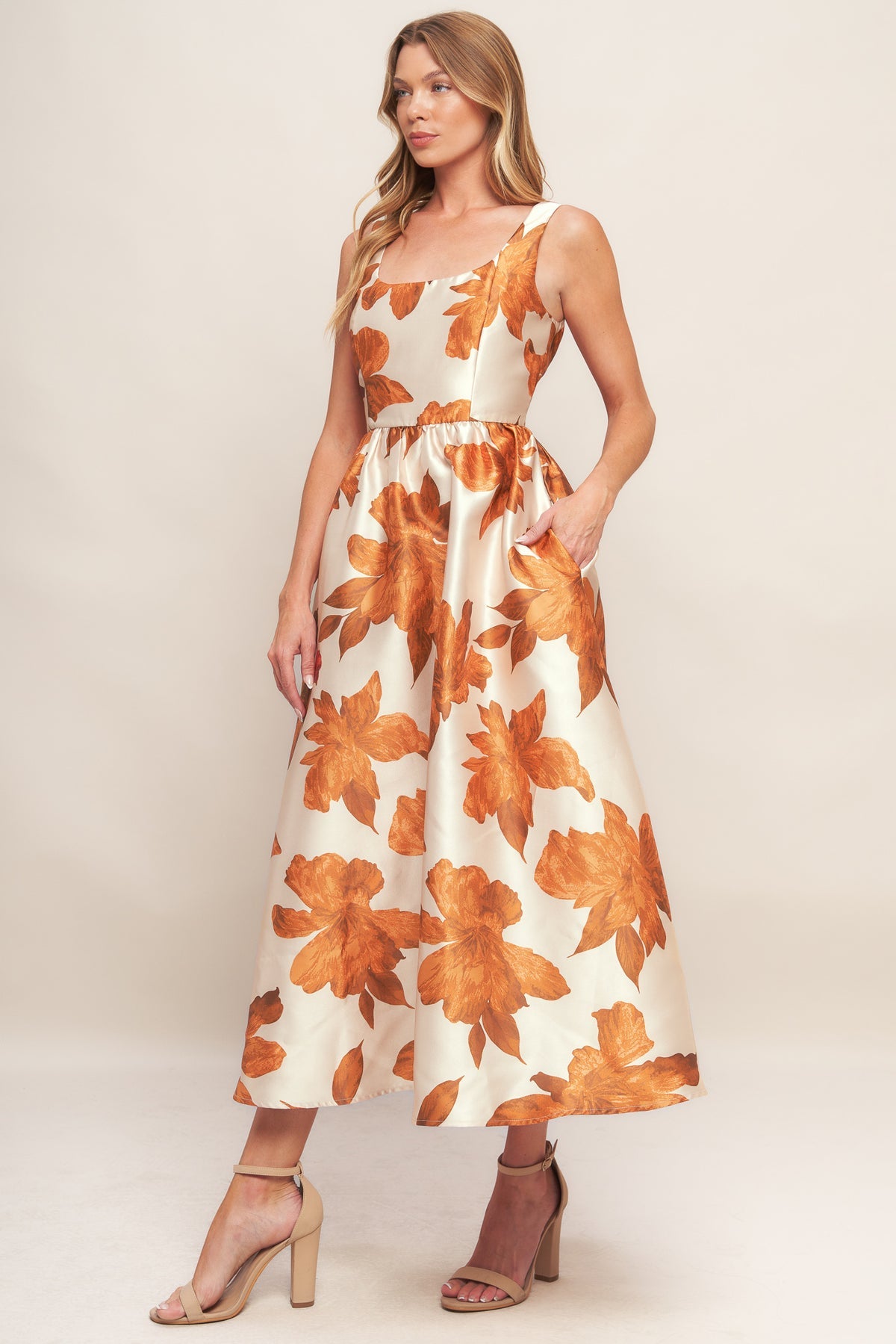 Cocktail Dresses Floral Print Short Tea Length Cocktail Dress Flying Tomato ID22668 Cream/Rust