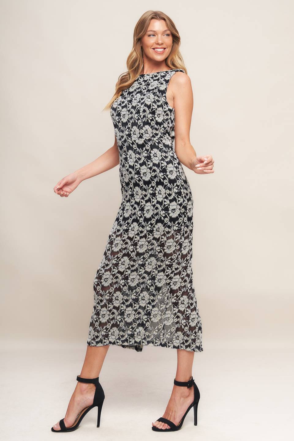 Cocktail Dresses Print Fitted Tea Length Lace Cocktail Dress Black/Taupe