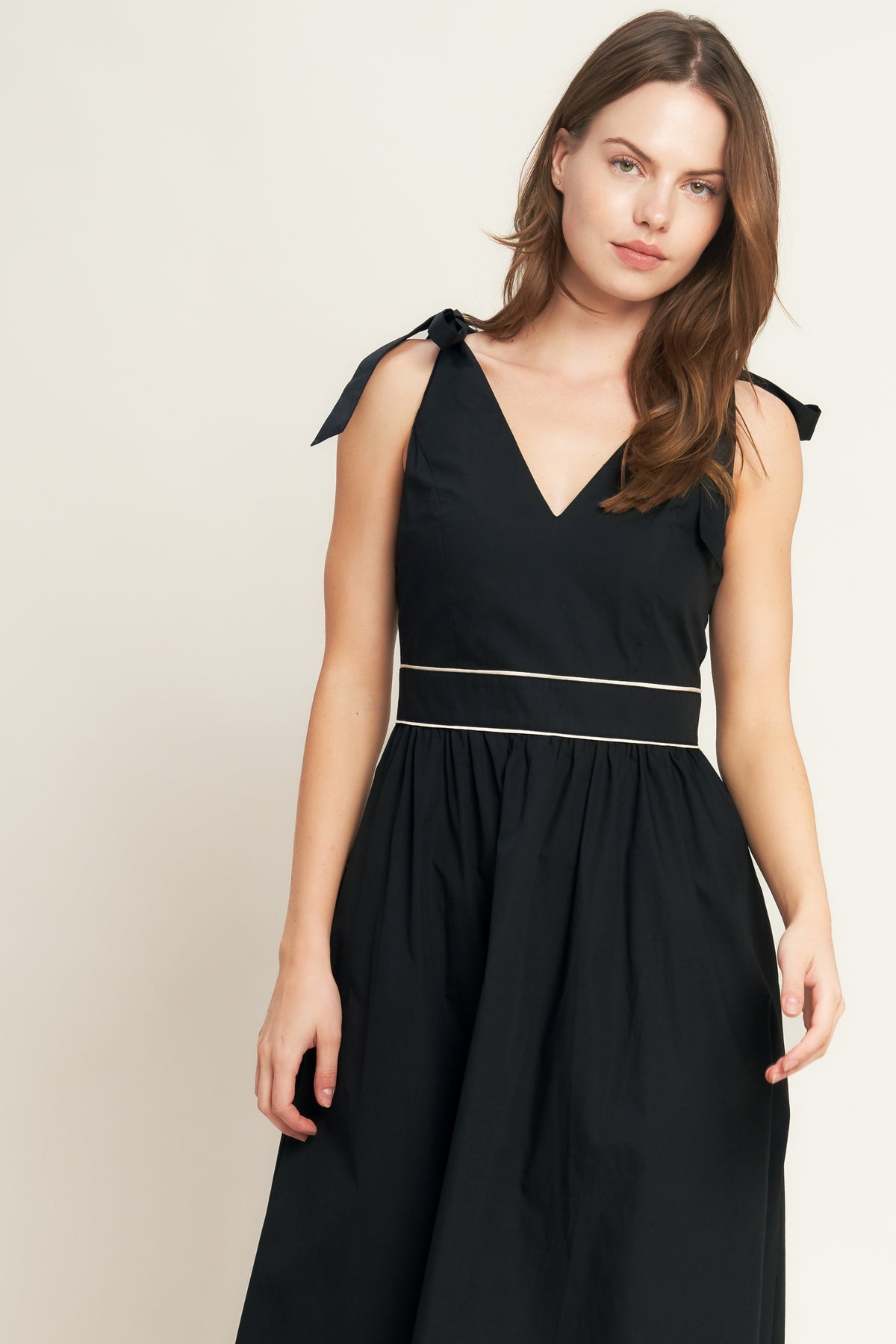 Black Cream V-Neck Midi Cotton Poplin Cocktail Dress with Tie Shoulder Flying Tomato ID22698