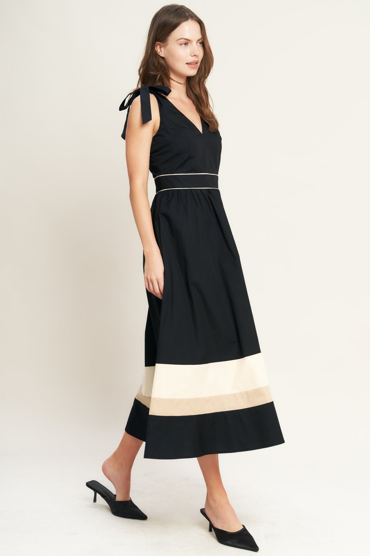 Black Cream V-Neck Midi Cotton Poplin Cocktail Dress with Tie Shoulder Flying Tomato ID22698