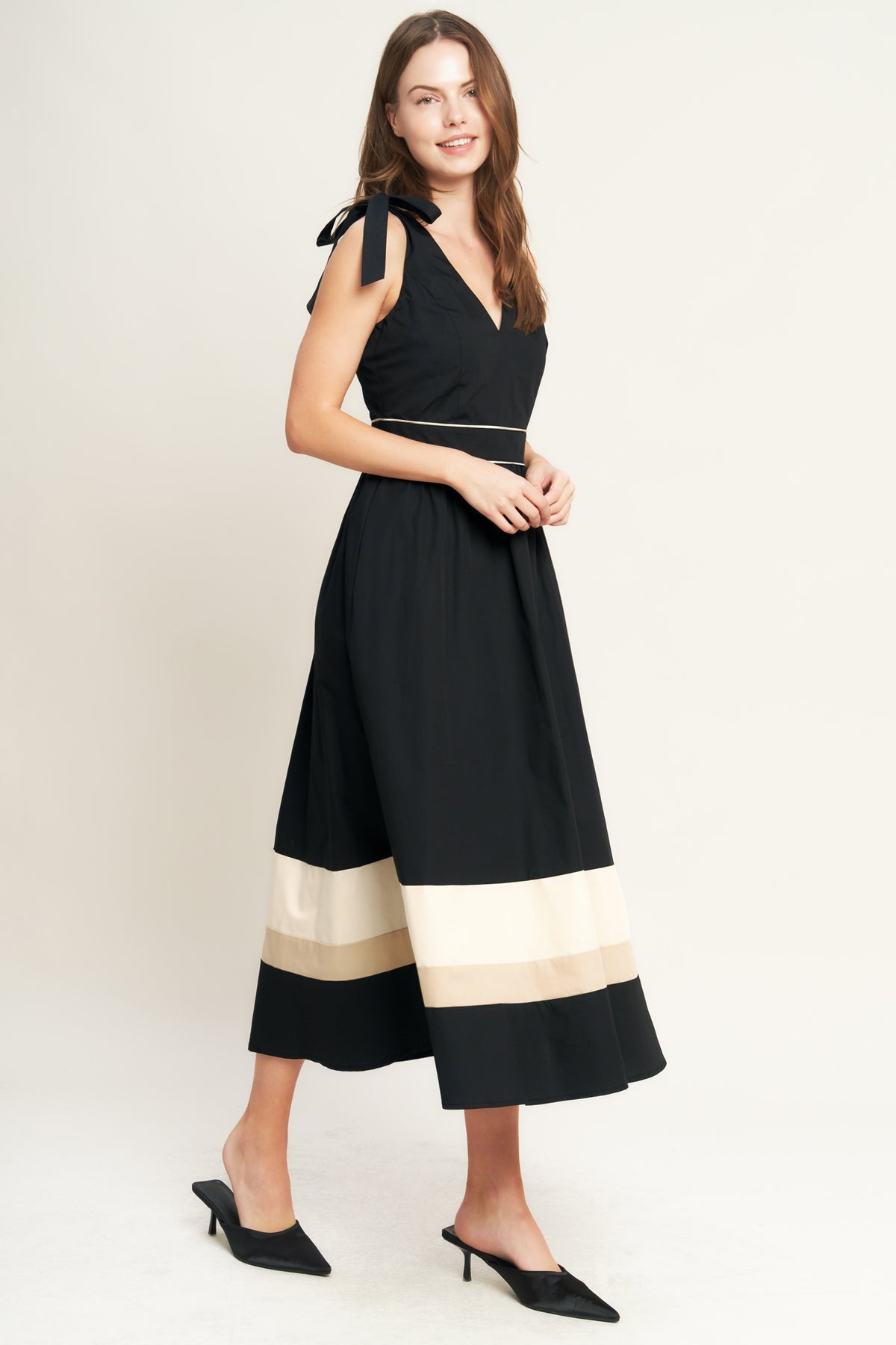Black Cream V-Neck Midi Cotton Poplin Cocktail Dress with Tie Shoulder Flying Tomato ID22698