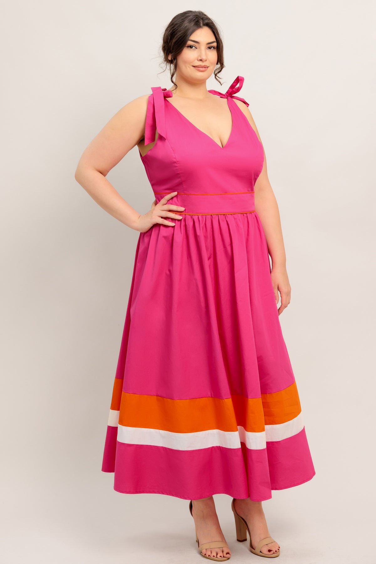 Fuchsia Orange V-Neck Midi Cotton Poplin Cocktail Dress with Tie Shoulder Flying Tomato ID22698