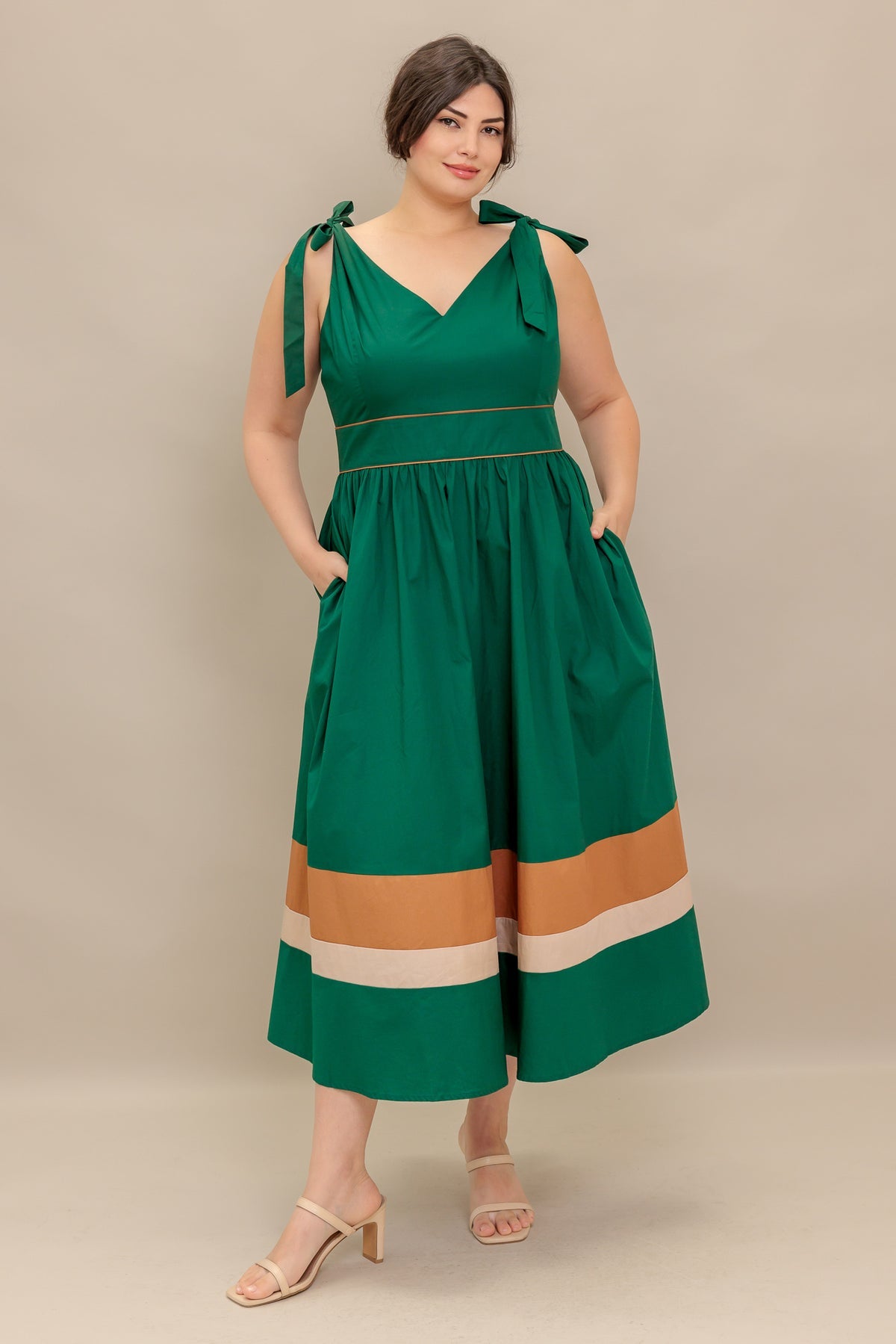 Green Taupe V-Neck Midi Cotton Poplin Cocktail Dress with Tie Shoulder Flying Tomato ID22698
