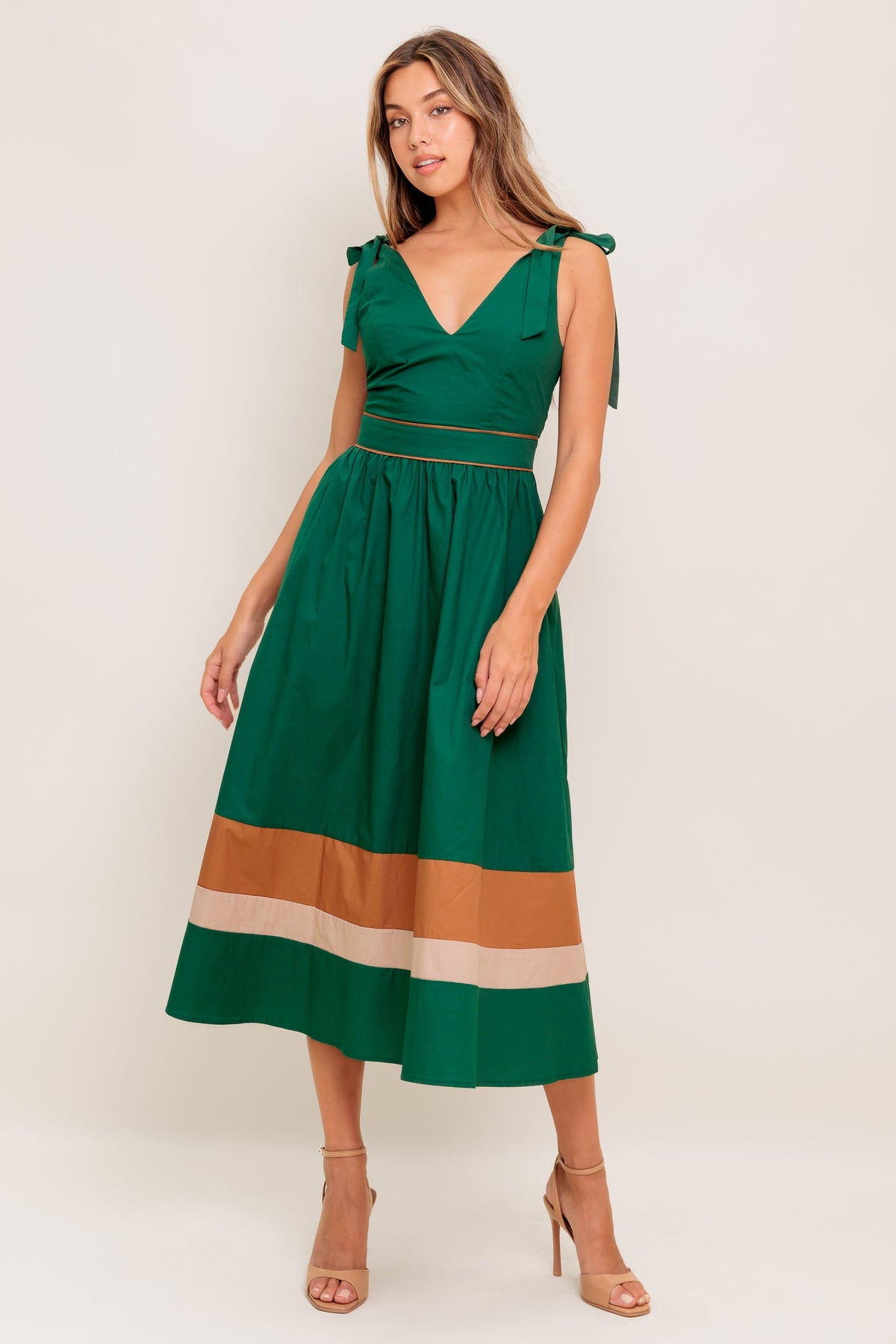 Green Taupe V-Neck Midi Cotton Poplin Cocktail Dress with Tie Shoulder Flying Tomato ID22698