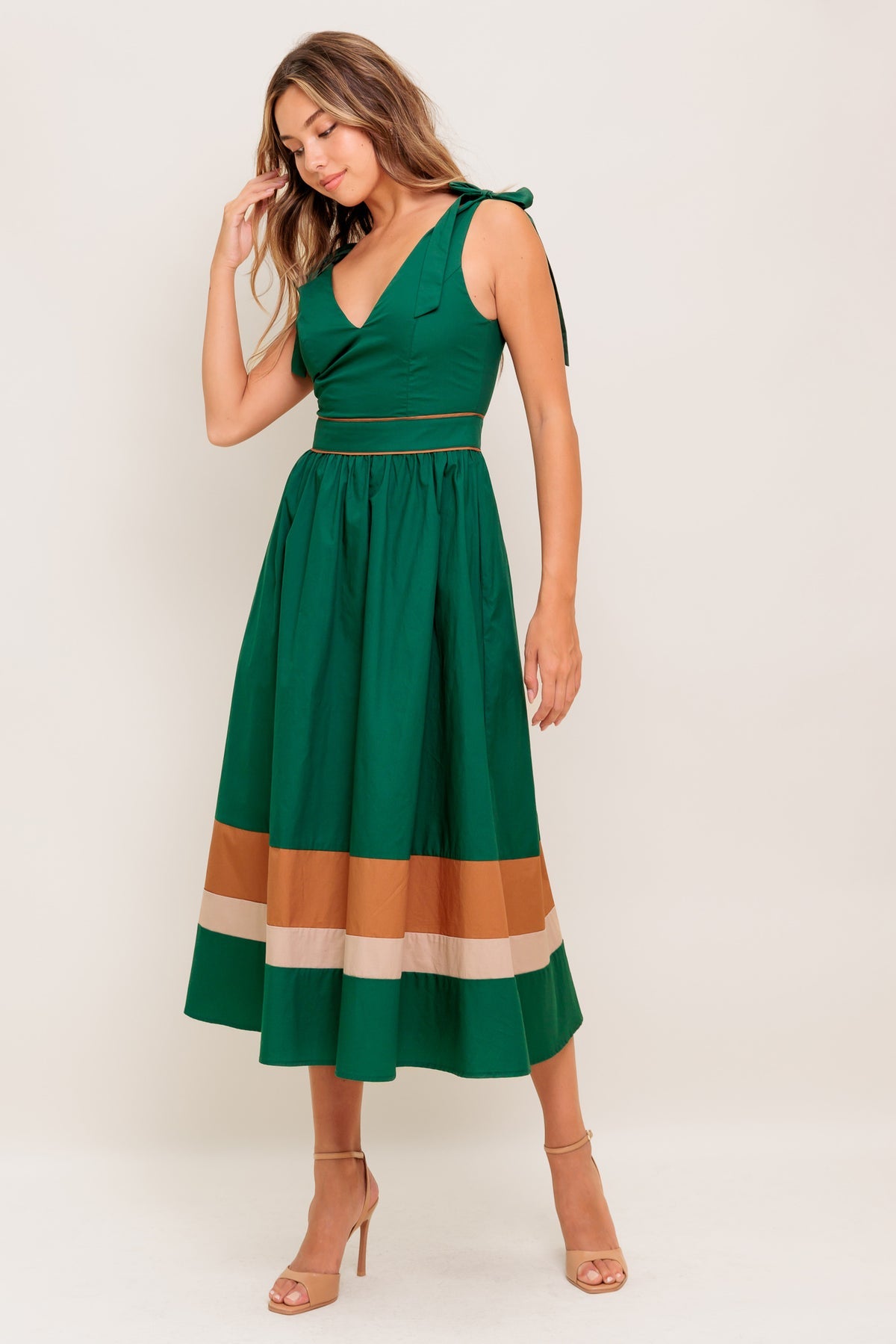 Green Taupe V-Neck Midi Cotton Poplin Cocktail Dress with Tie Shoulder Flying Tomato ID22698
