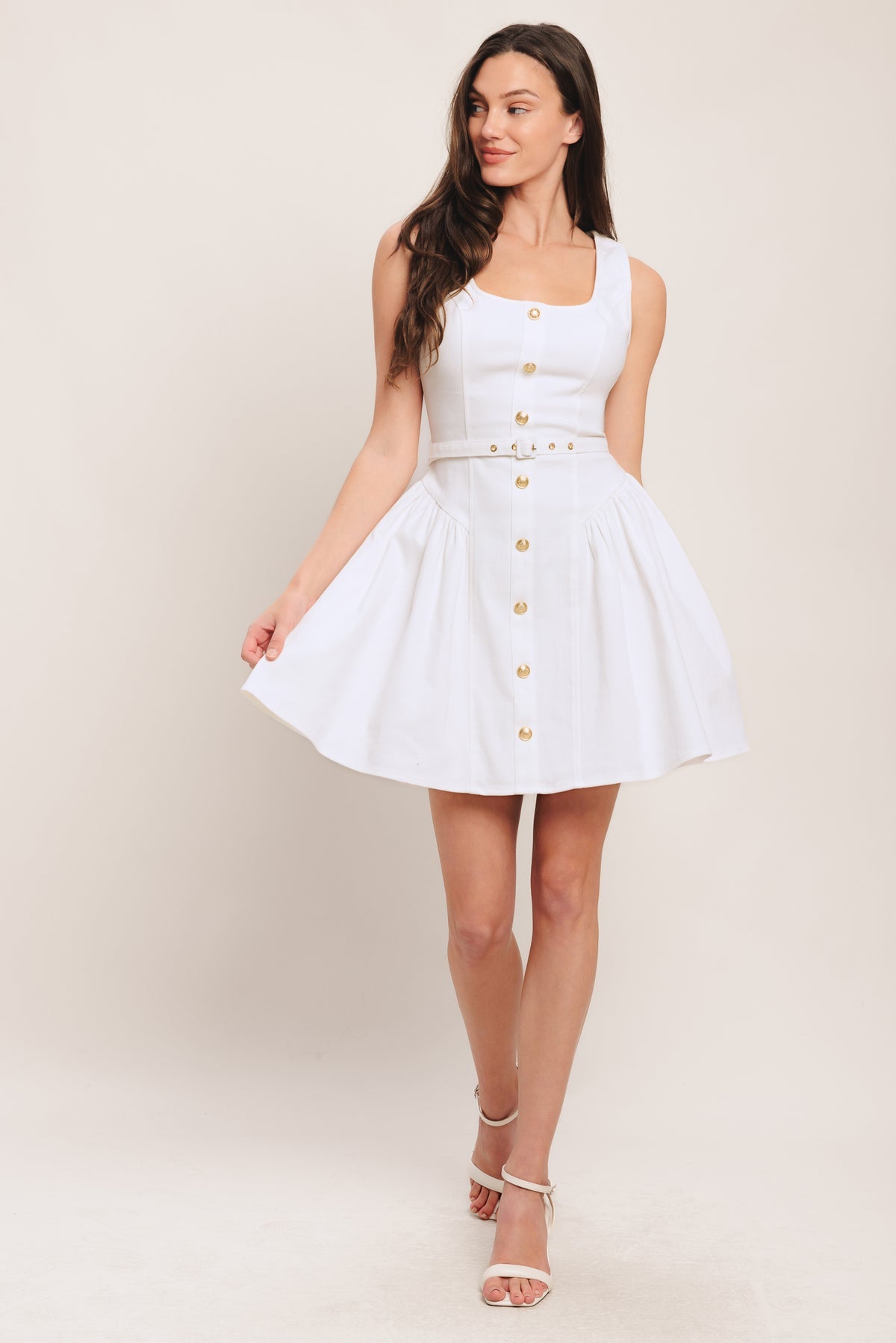 White Square Neck Mini Cotton Casual Fit and Flare Dress with Button Front Flying Tomato ID22818