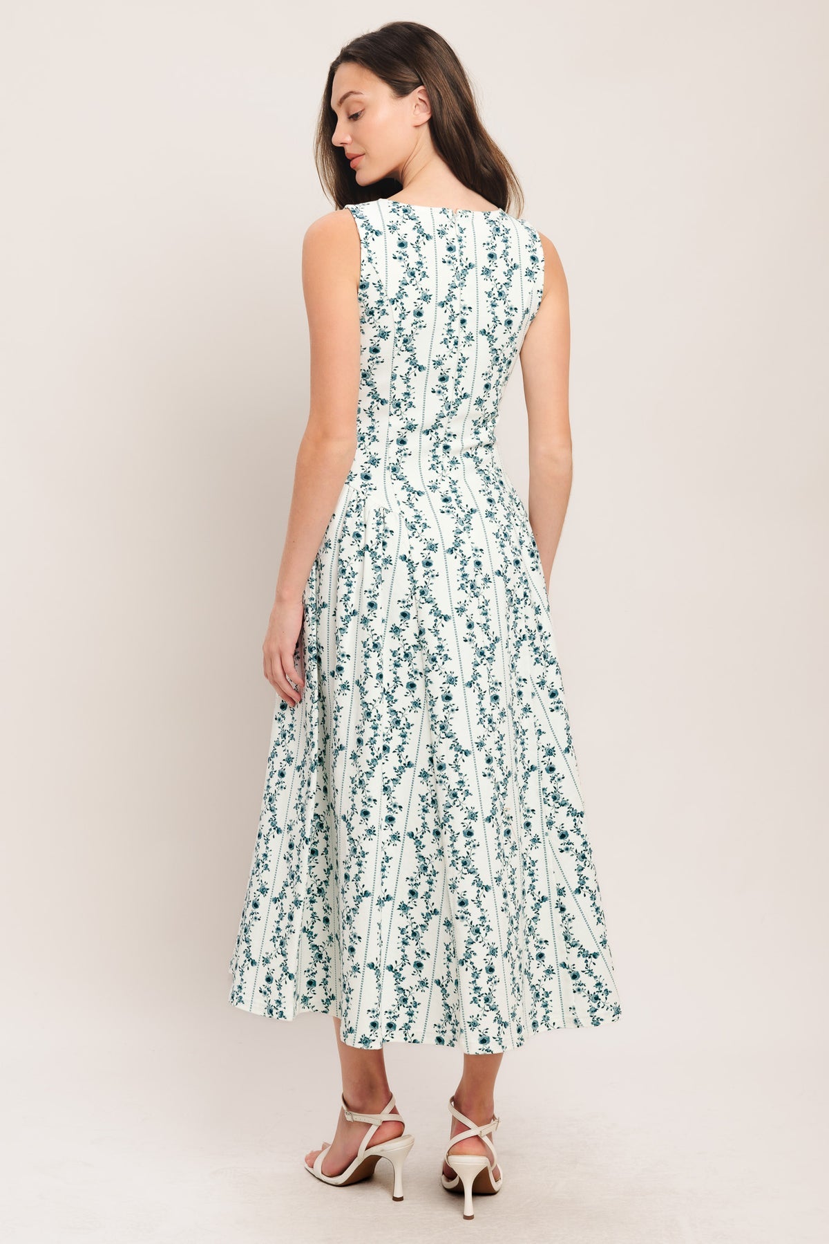 White/Blue Jewel Midi Cotton Floral Cocktail Dress Fit and Flare Midi Dress Flying Tomato ID22845