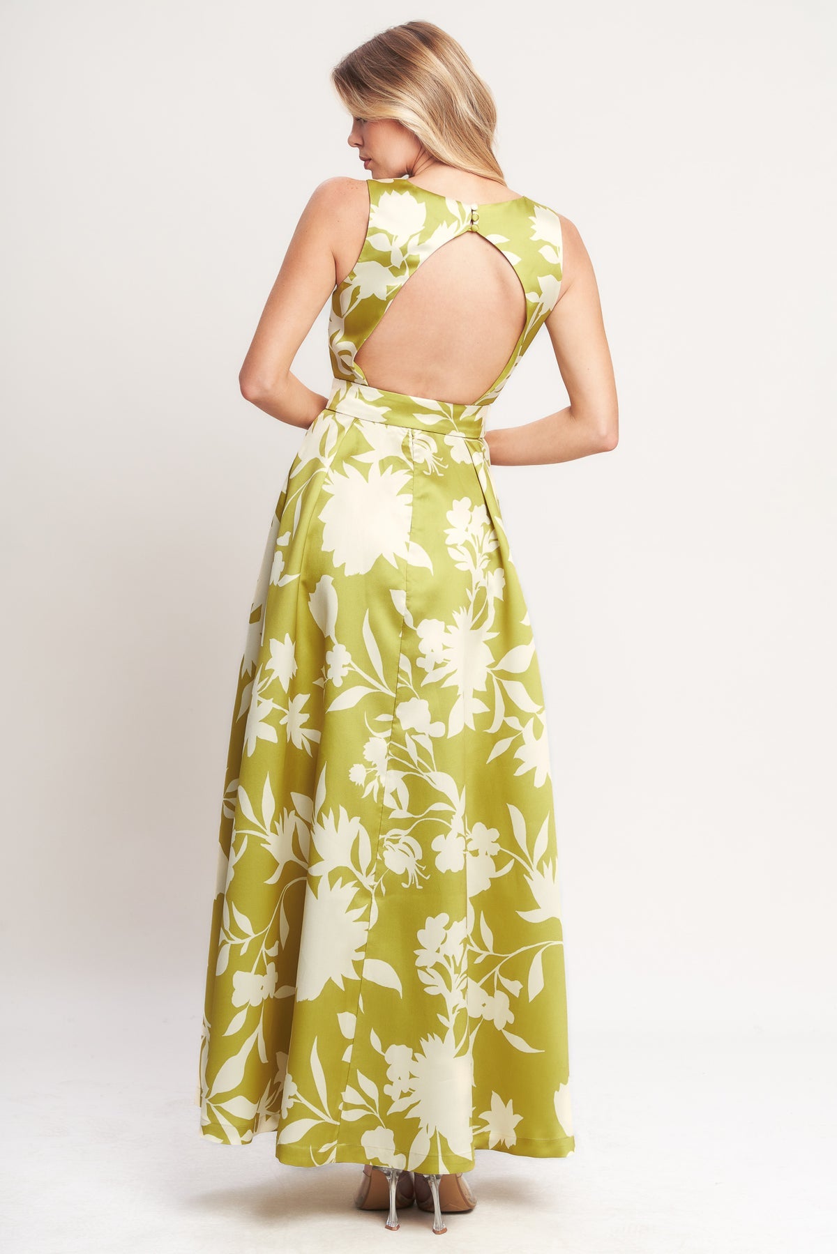 Lime Boat Neck Maxi Satin Floral Cocktail Dress Belted Fit and Flare Open Back Flying Tomato ID22860