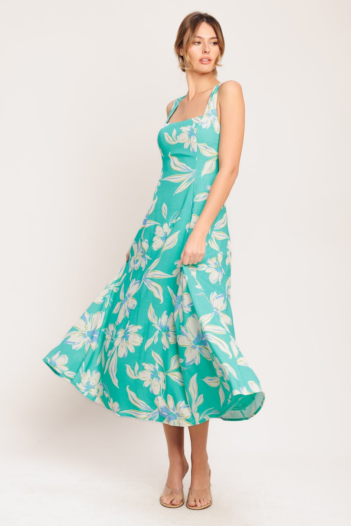 Green Square Neck Midi Cotton Floral Cocktail Wide Strap Fit and Flare Dress Flying Tomato ID22887