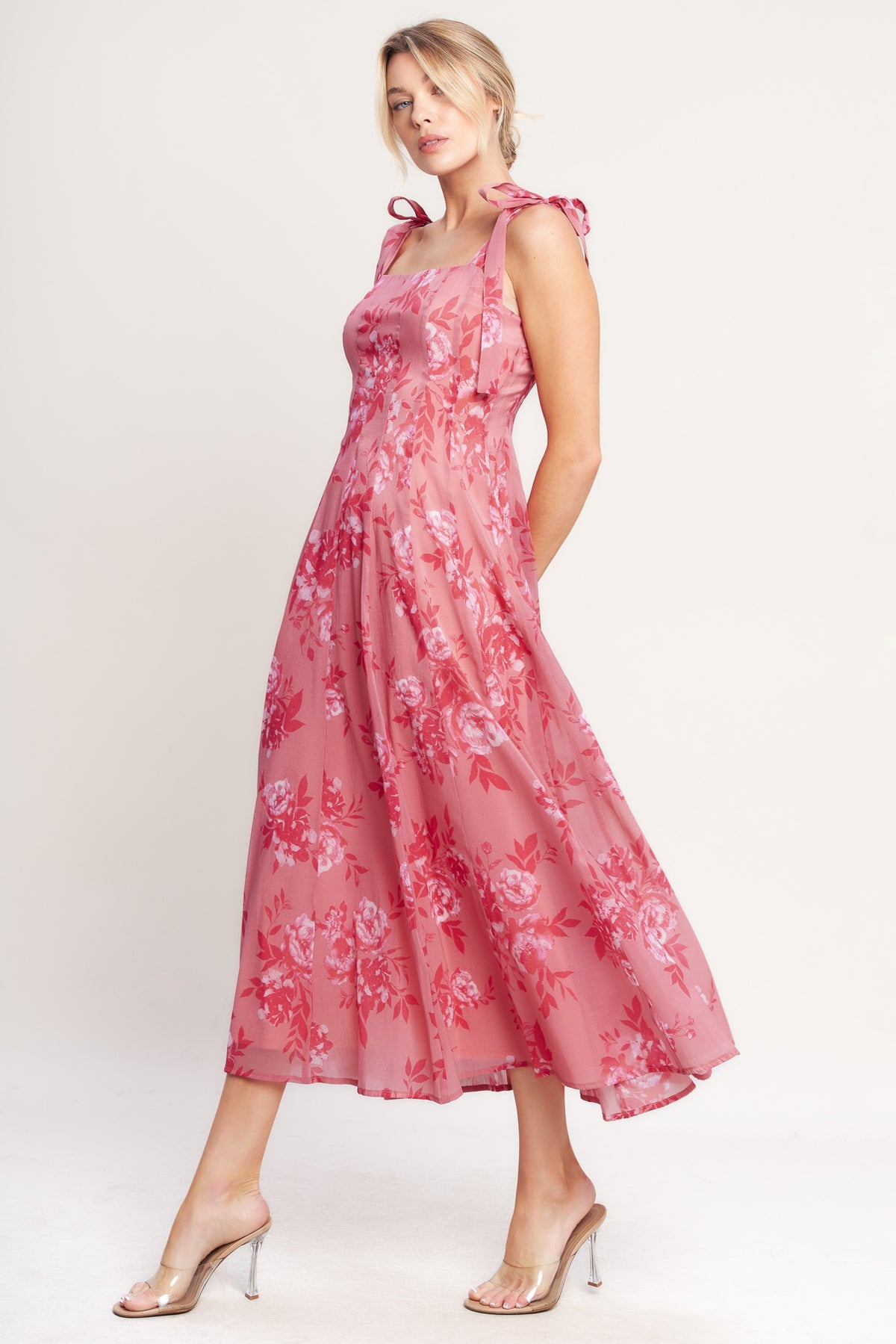 Pink Square Neck Midi Chiffon Cocktail Day Dress Tie Strap Fit and Flare Dress Flying Tomato ID22892