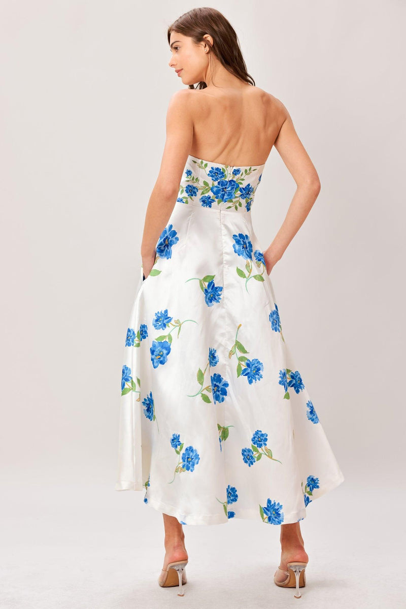 Strapless Midi Satin Wedding Guest A-Line Dress Flying Tomato ID22901
