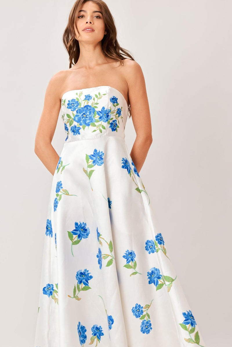 Strapless Midi Satin Wedding Guest A-Line Dress Flying Tomato ID22901