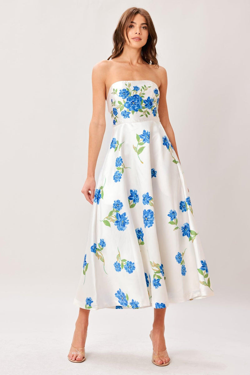 Strapless Midi Satin Wedding Guest A-Line Dress Flying Tomato ID22901
