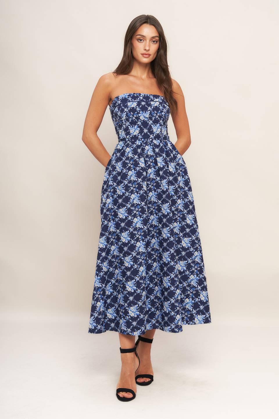 Cocktail Dresses A Line Floral Tea Length Midi Cocktail Dress Navy