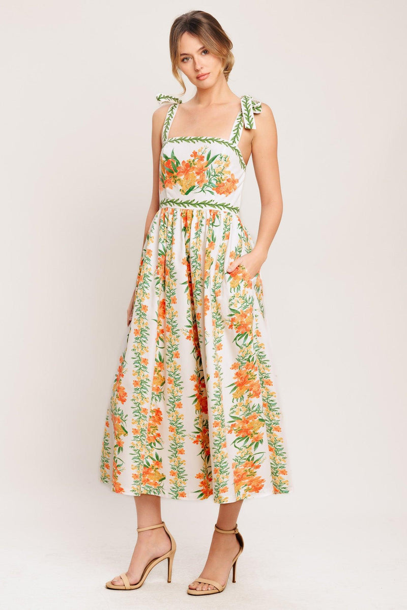 Square Neck Midi Floral Print Garden Party A-Line Dress Flying Tomato ID22949