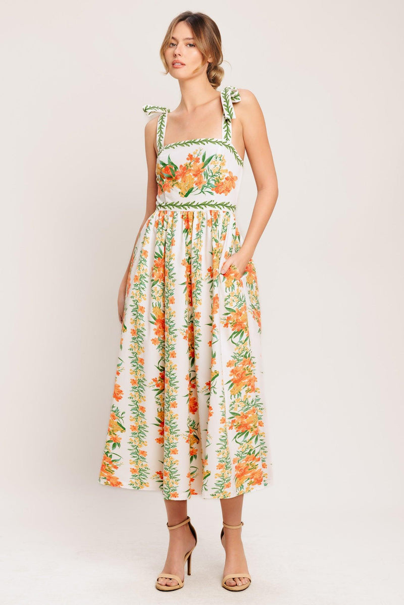 Square Neck Midi Floral Print Garden Party A-Line Dress Flying Tomato ID22949
