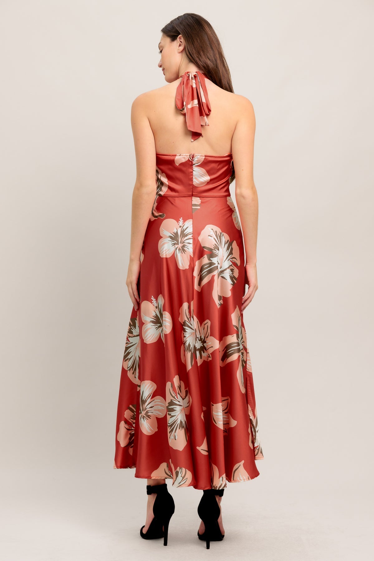 Coral Red Halter Neck Ankle-Length Satin Floral Cocktail Dress Flying Tomato ID23170