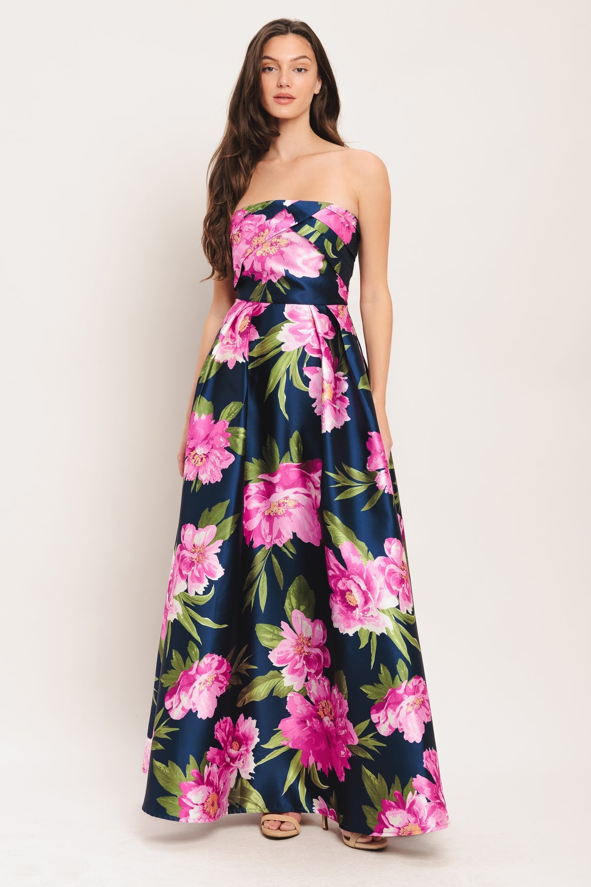 Formal Dresses Long Pleated Fitted Floral Print A Line Formal Dress Flying Tomato ID23210 Navy Multi Floral